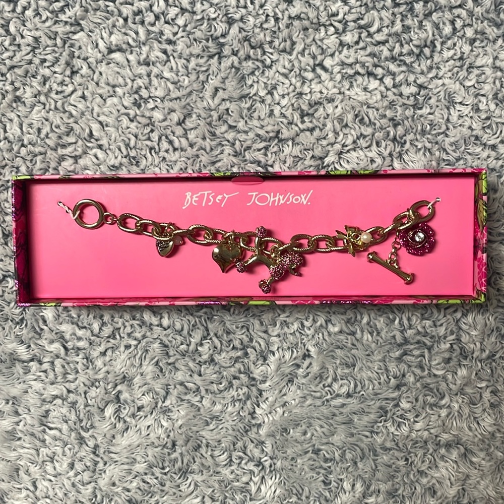 Betsey Johnson Pink Rhinestone Poodle Charm Bracelet